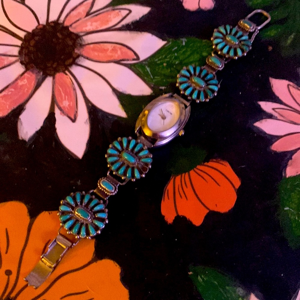 Vintage Handmade Turquoise and Sterling Silver Cluster Watch